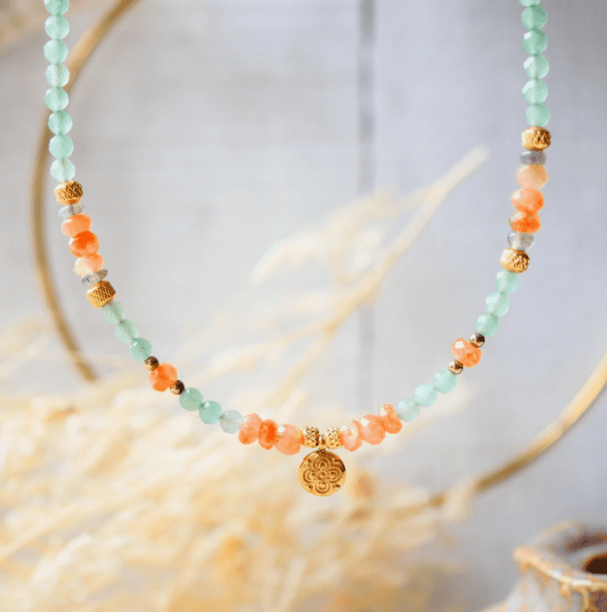 Collier SAANJEEVANI - Aventurine, Pierre de Soleil, Trèfle